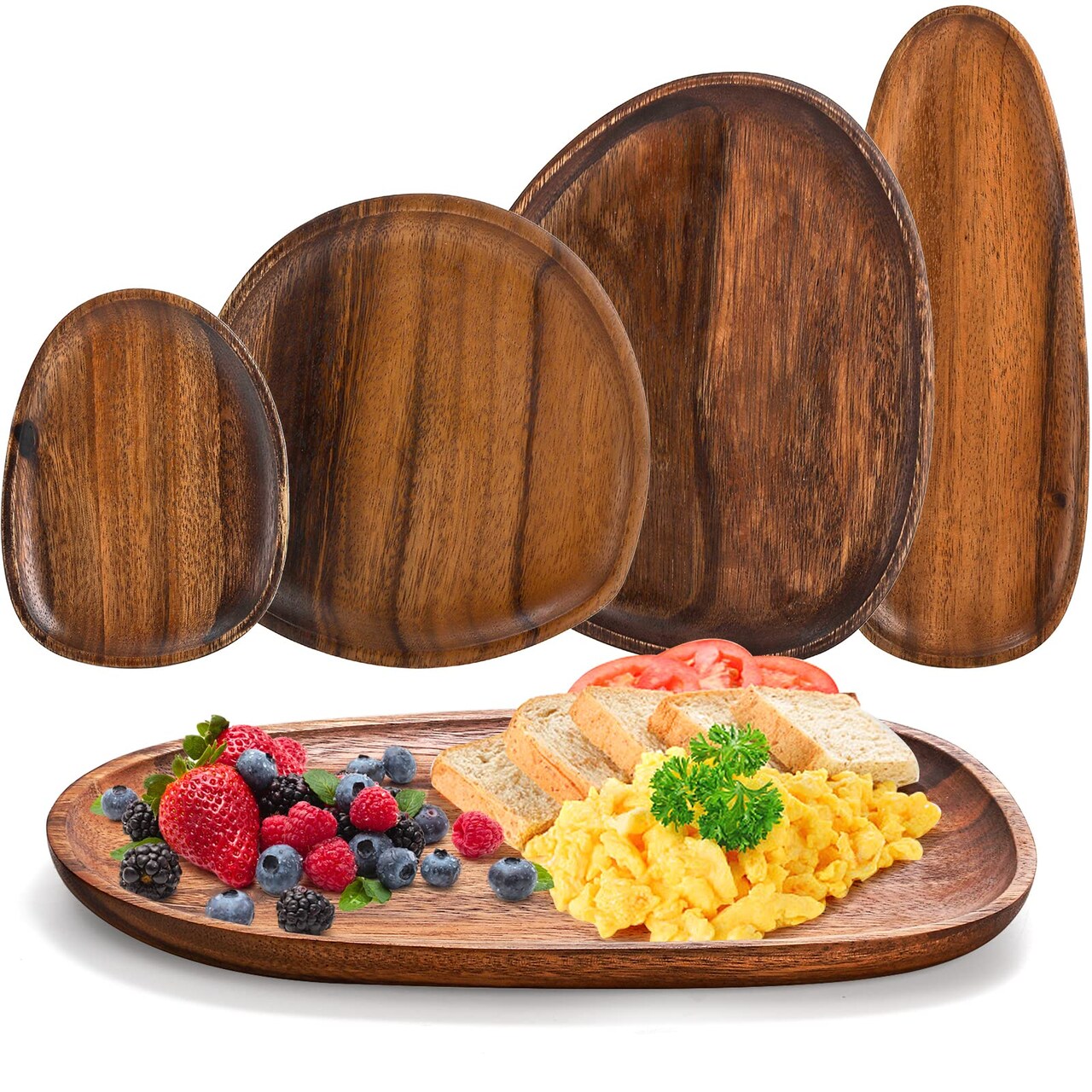 Set of 5 Acacia Wood Serving Platter and Trays, Irregular Oval Solid Wood Plates Serving Tray, Lightweight Wood Dinner Plates for Breakfast, Coffee, Tea, Snack, Plant, Housewarming Gift